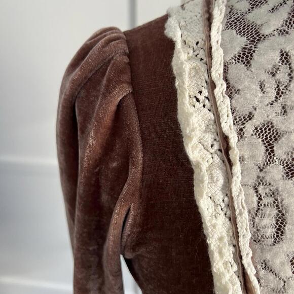 Vintage La Vie en Rose Victorian Velvet Blouse Brown Lace Collar High Neck Goth - Picture 5 of 8